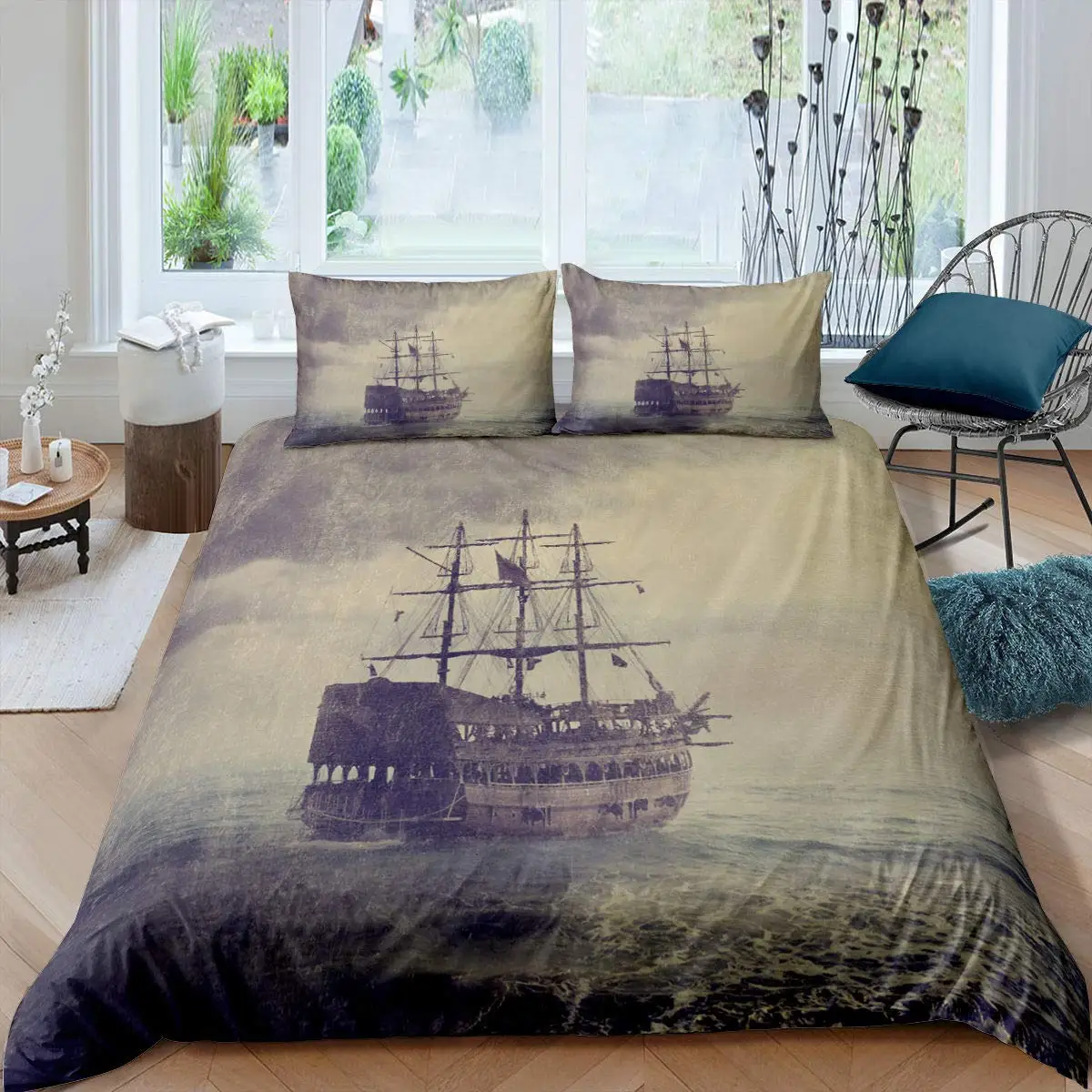 

Nautical Sailing Ship King Queen Duvet Cover Gray Pirate Boat Bedding Set Retro Style Quilt Cover Soft Polyester Comforter Cover