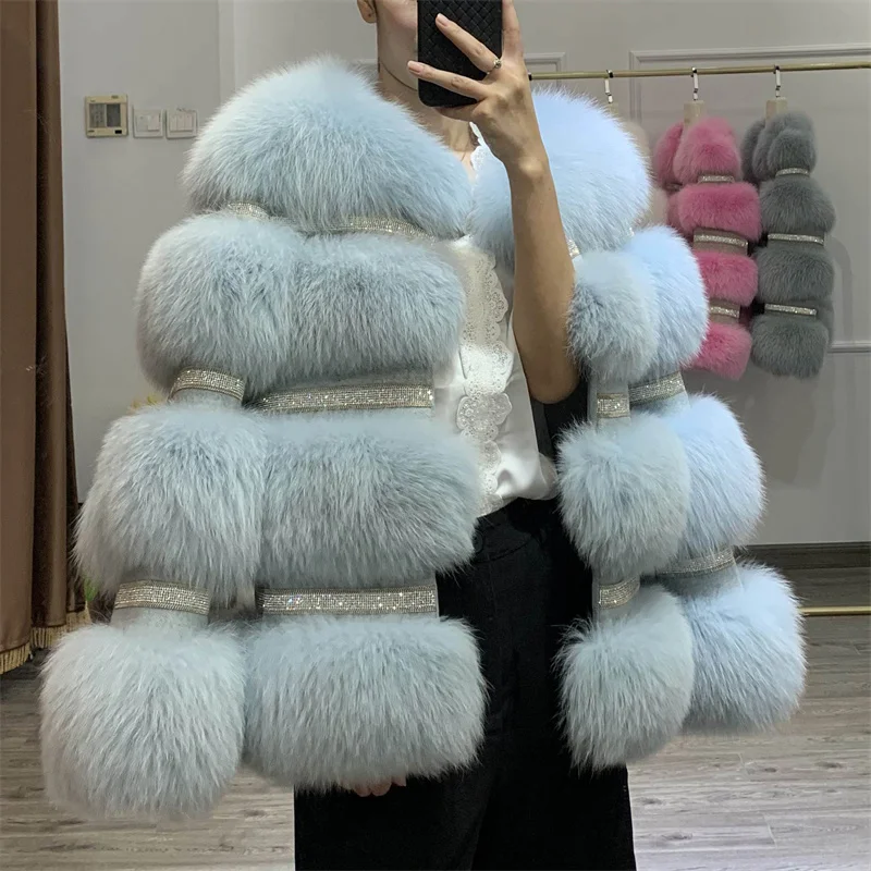 2022 New Fashion Real Fur Coat Winter Jacket Women Natural Fox Fur Diamonds Thick Warm Outerwear Streetwear Luxury Brand