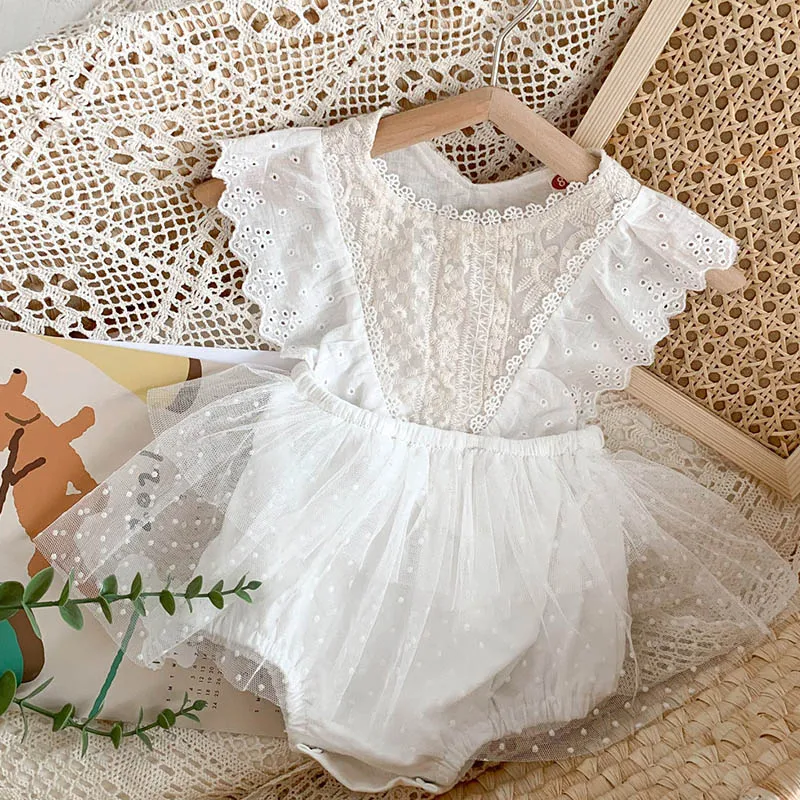 0-24M Summer Baby Girl Princess Lace Embroidery Dress Bodysuits Newborn Baby Jumpsuit Cotton Flying Sleeve Baby Girls Clothes