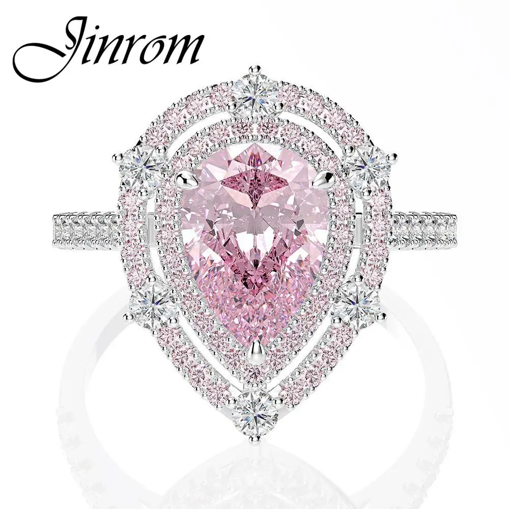 

Jinrom S925 Sterling Silver Ring Female Fashion Luxury Diamond Sparkling Water Drop Pink Zircon Ring Engagement Wedding Band