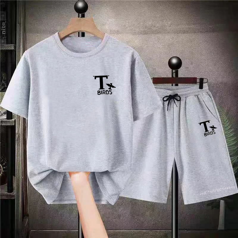 

Birds Print Cotton T-shirt Shorts Loose Plain Retro Basic Streetwear Fashion Grey Graphic O-neck Tee Short Pants Men Outfit 2023