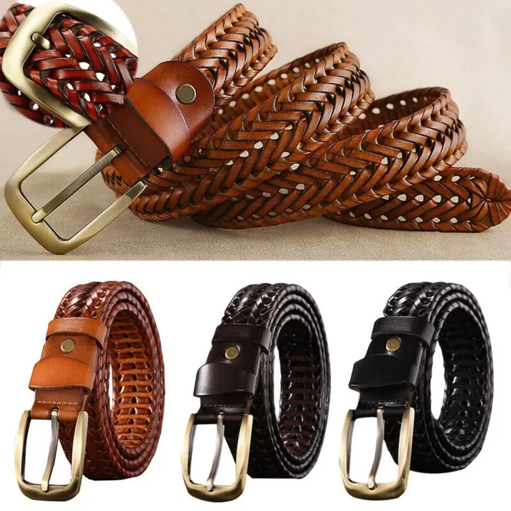 Unisex Leather Trousers Gold Pin Buckle Braided Belt Vintage Belts Jeans Strap Waistband