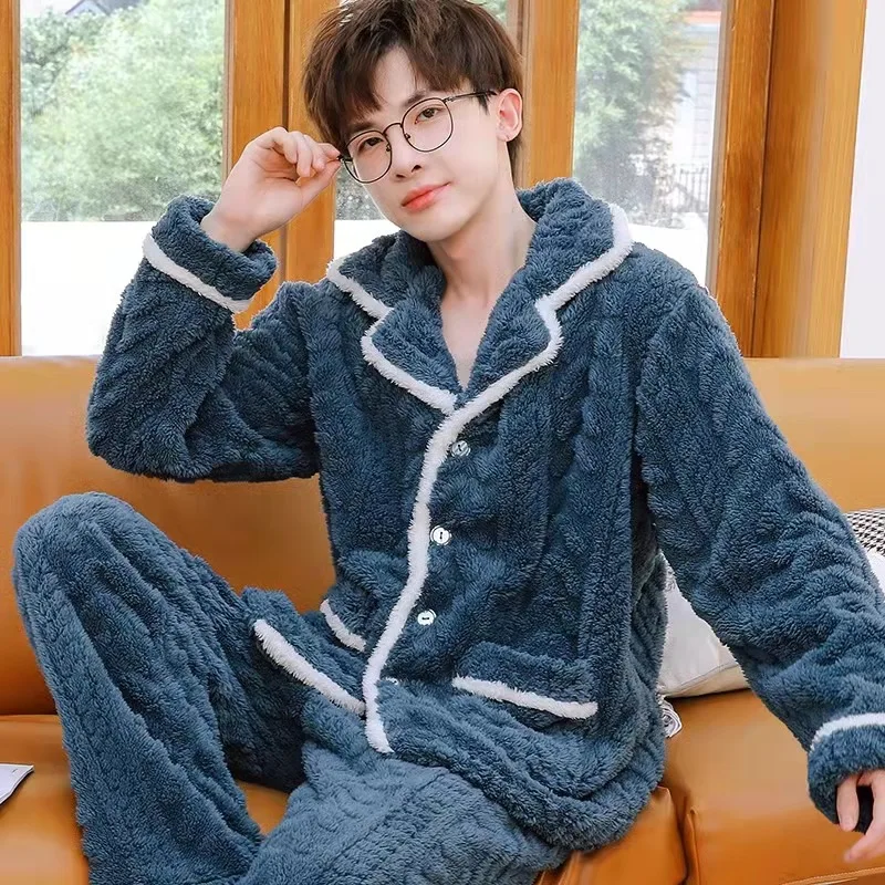 Thicken Autumn And Winter Men Pajama Sets Keep Warm Nightgown Comfortable Soft Sleepwear Suit Pocket Design