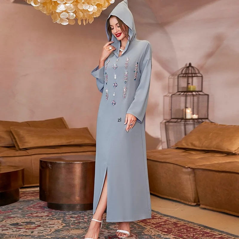 Muslim Dress Ramadan Grey Hooded Hand-sewn Diamond Dress Moroccan Style ABAYA 2022 New Kaftan Djellaba Vestidos