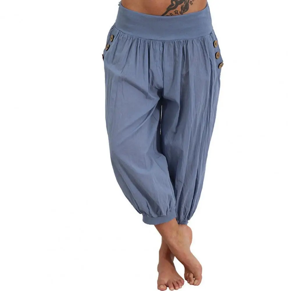 

Capri Pants Lantern Shape Loose Casual Women Solid Color Bloomers for Home