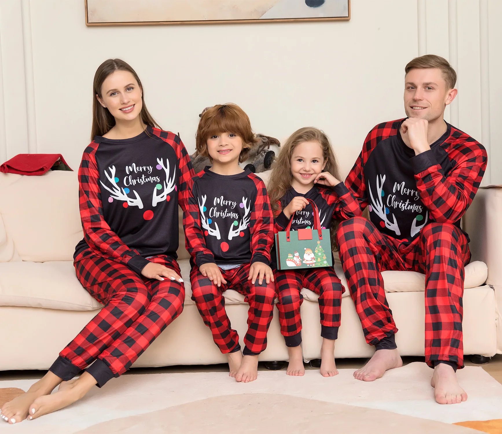 

Europe America Cross-border New Plaid Letter Christmas Parent-child Wear Printed Homewear Pajamas Set Spring Clothing
