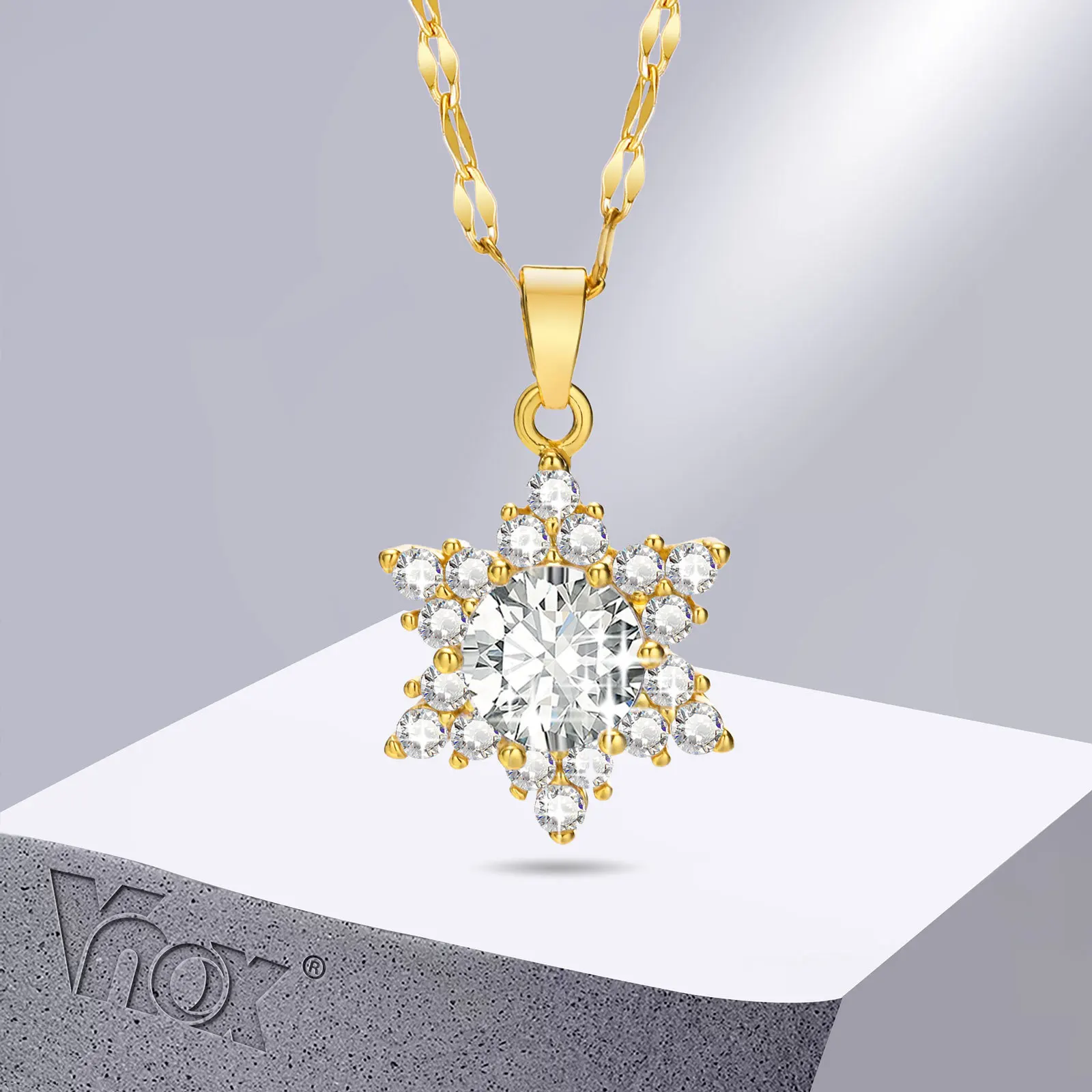 

Vnox Women Star Pendant Necklaces, Gold Color Metal Bing Stone Flower Collar, Snowflakes Collar