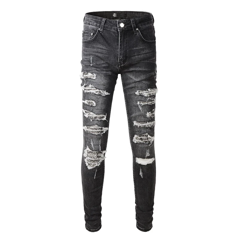 

Men's Light Black Distressed Slim Fit Streetwear Style White Bandanna Patchwork Skinny Stretch Holes High Street Ripped Jeans