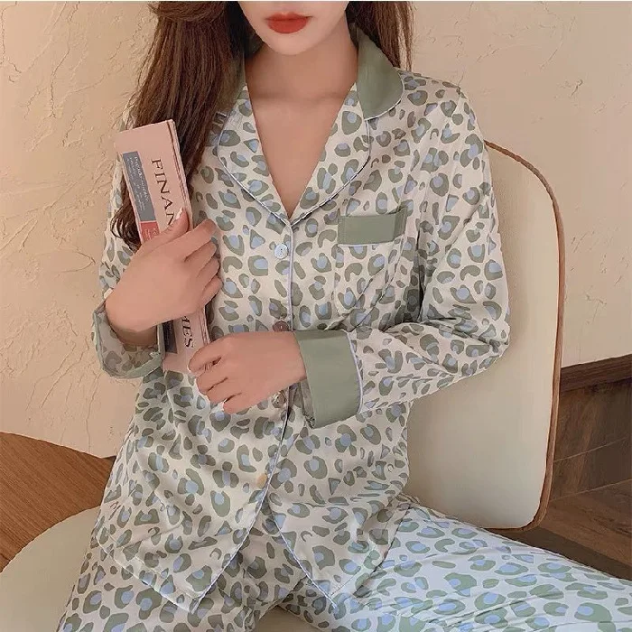 

2 Pcs Silk Sleepwear Spring Long Sleeve Leopard Print Korea Style Pajamas Satin Homewear Comfortable Pyjama For Female 2023