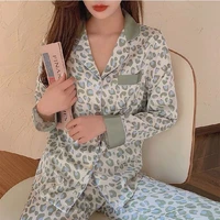 2 pcs silk sleepwear spring long sleeve leopard print korea style pajamas satin homewear comfortable pyjama for female 2022
