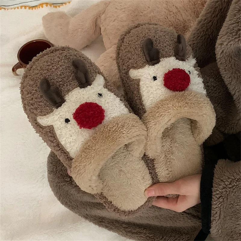Winter Cartoon Elk Cotton Slippers Design Slip-On Women Soft Sole Warm Plush Ladies' Slides Indoor Cute Gift Memory Foam Shoes