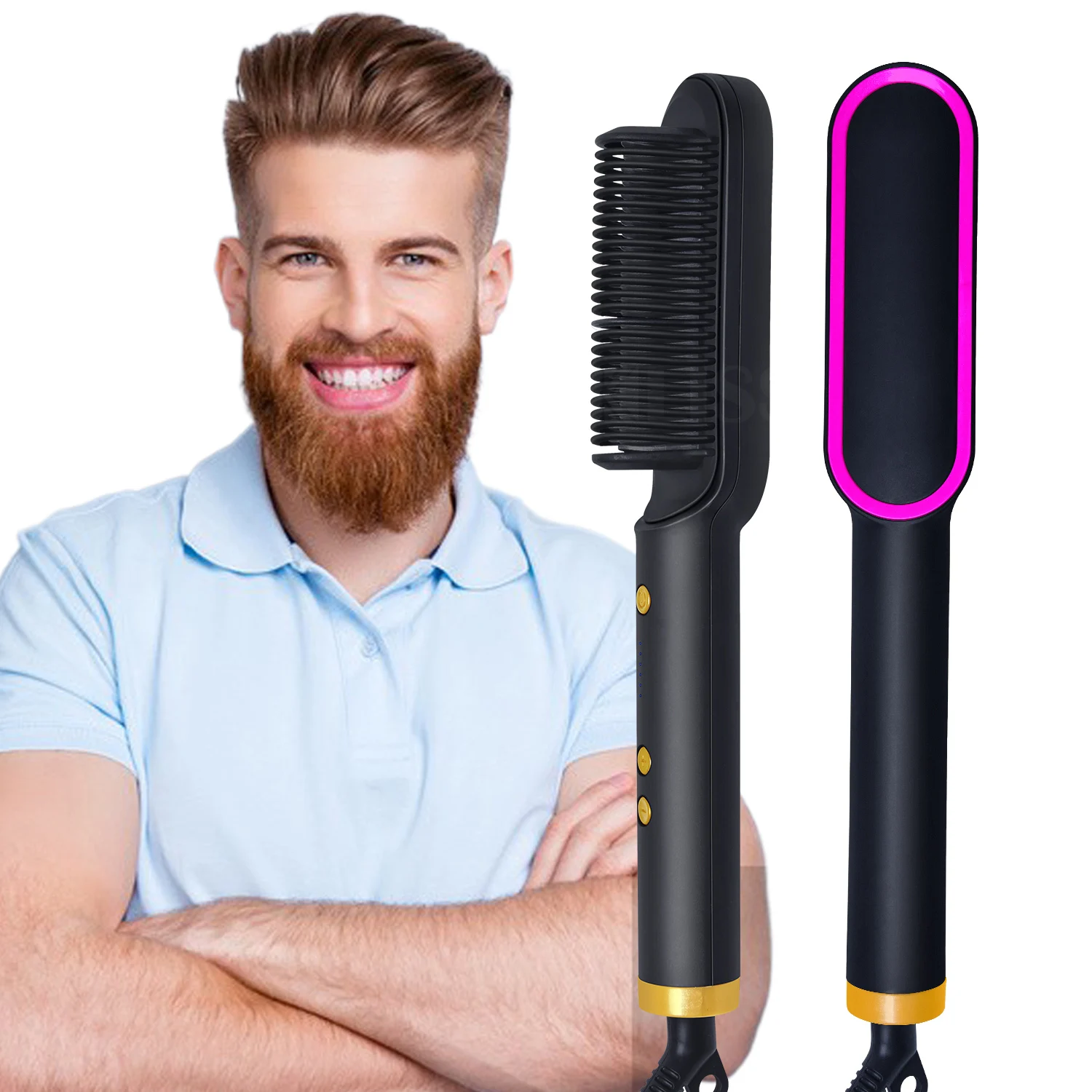 Men Beard Straightener 2 In 1 Ceramic Hair Straightener Brush Hot Air Comb Anti-Scald Hair Curler Iron Smoothing Hairbrush Tools