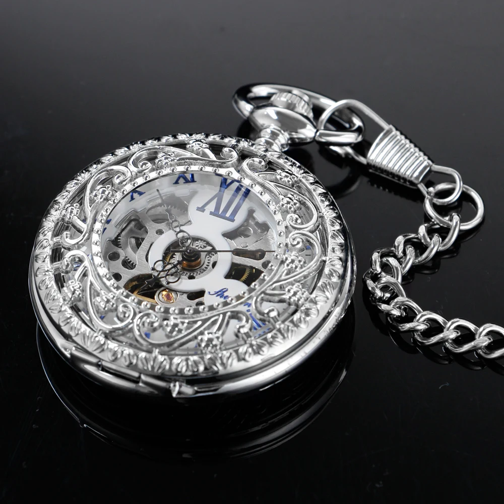 New Vintage Vine Sculpture Mechanical Pocket Watch with Fob Chain Men's Hollow-Out Skeleton Dial Fashion Pocket Watch Gift