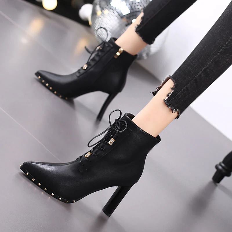 Pointed Rivet PU Leather Cross Strap Women's Boots Short Ankle Boots Martin Boots Black Shoes Lace Up Boots Woman Winter 2023