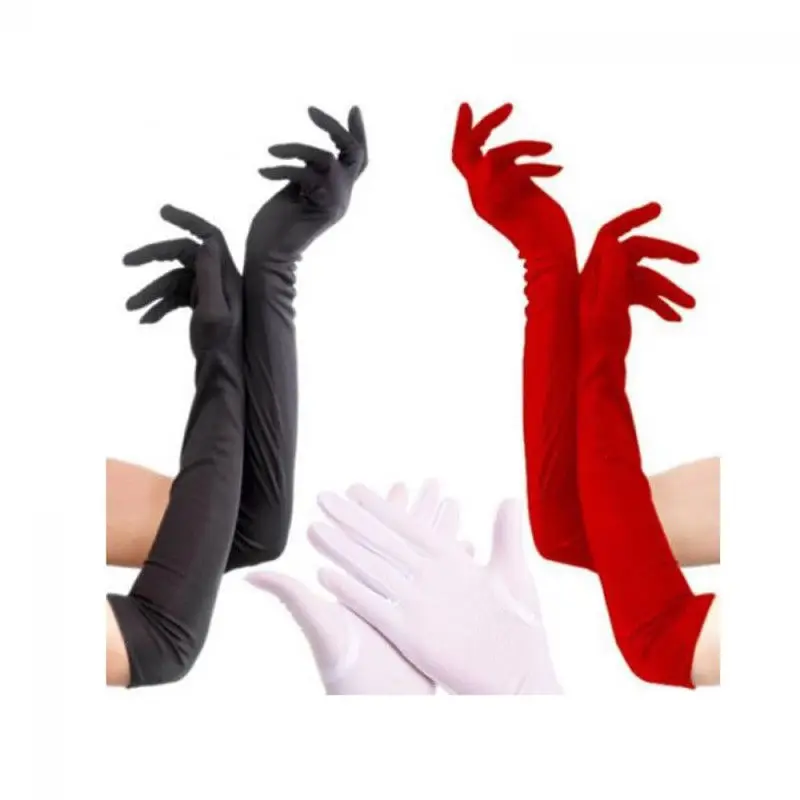 

1Pair Classic Women Flapper Gloves Adult Skin Opera Elbow Wrist Stretch Satin Finger Long Gloves Matching Costume 5Colors