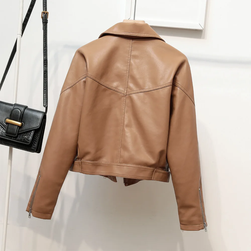 2023 Spring and autumn motorcycle leather lapel short coat loose handsome leather jacket