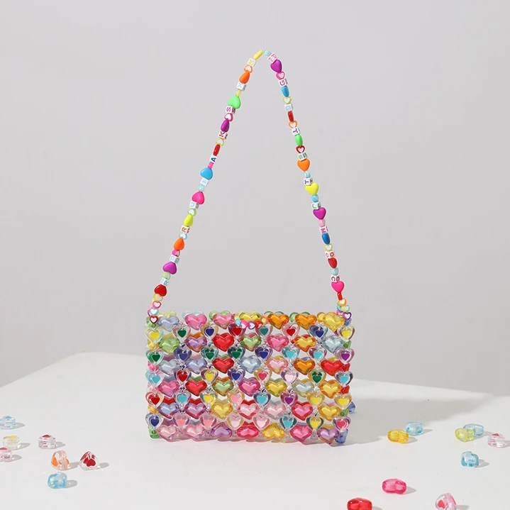 

Jelly Candy Color Bead Handmade Woven Tote Summer Heart Lipstick Underarm Handbag Kawaii Sweet Styles Shoulder Bag for Girl