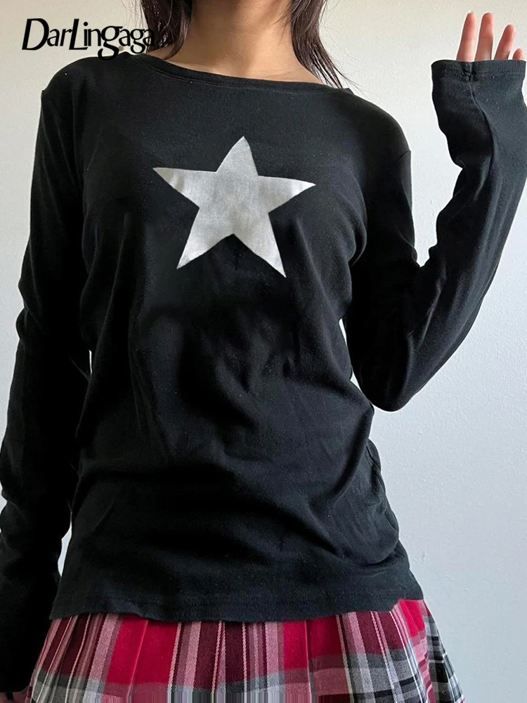 

Darlingaga Casual Y2K Star Print Autumn Women's T-shirts Long Sleeve Harajuku Cute Top Preppy Basic Sweat Pullover 90s Aesthetic