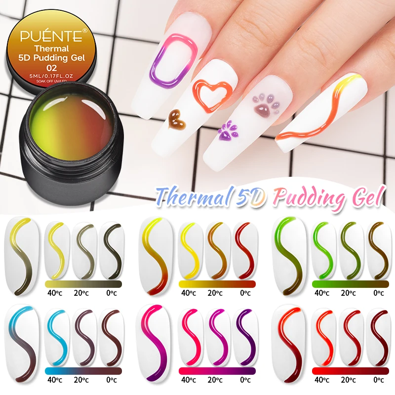 

PUENTE Thermal 5D Pudding Gel Nail Polish 5ML Semi Permanent Temperature Color Changing 5D Solid Gel Emboss DIY Design Nail Gel