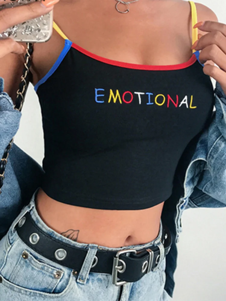 

2022 Summer Women Crop Top Cropped Ladies Spaghetti Strap Elastic Camisole Sexy EMOTIONAL Letter Embroidery Tank Tops