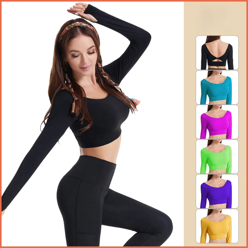 

Women's Solid Color Open Back Long Sleeve Yoga Clothes Trendy Navel Cropped Track Tops Running Aerobics Fitness Sportswear New