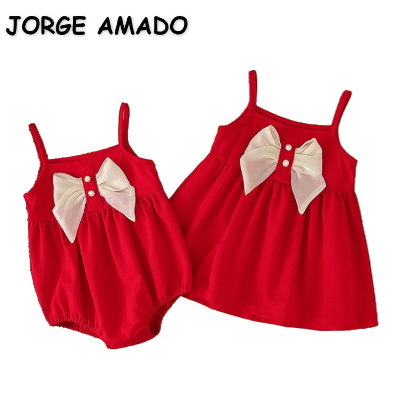 

2022 Summer Sister Matching Clothes Baby Girl Red Sleeveless Bodysuit+Bow Slip Pearls Dress Simplicity Child Clothing E9265