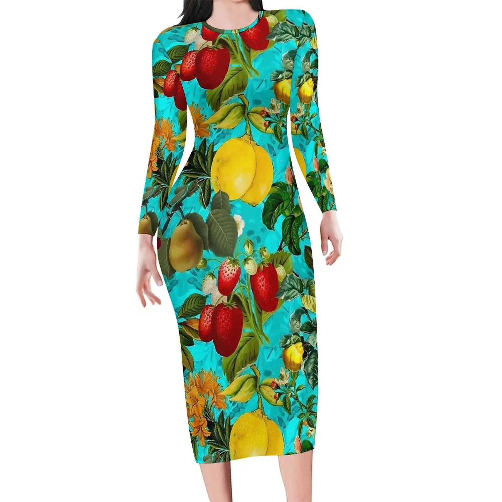 Винтажное платье с фруктовым принтом клубные платья длинными рукавами и лимоном