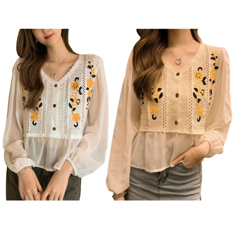 

Crochet V-Neck Button Blouses Women Chiffon Puff Sleeve Embroidery Outwear Top