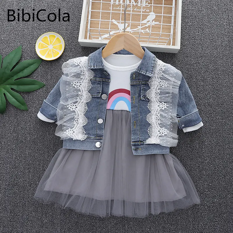 

2022 Spring Autumn 2PCS Girls Clothing Set Long Sleeve Dress + Cute Cartoon Denim Jacket Cotton mesh dress Baby Girl Clothes Set