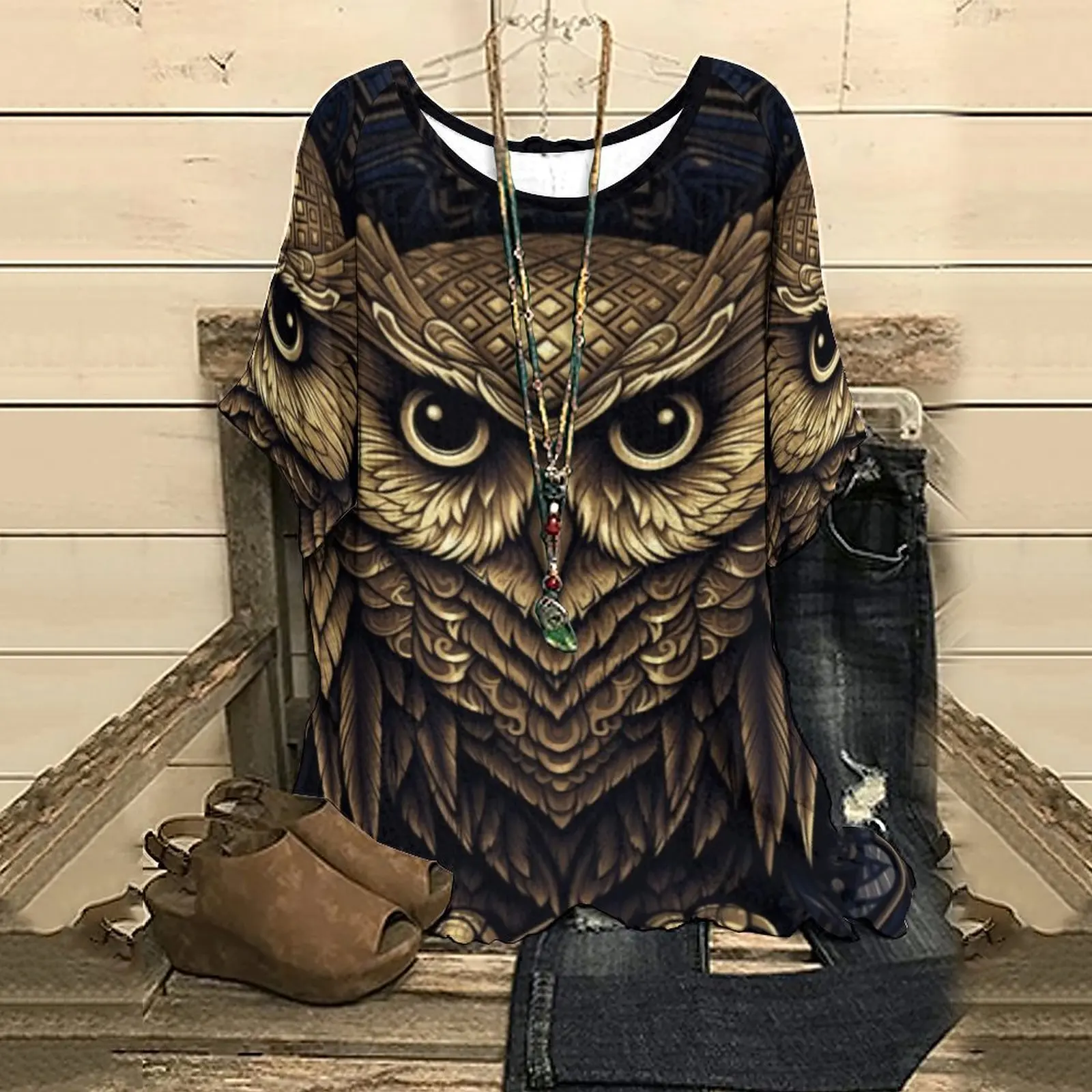 

Summer Women's Half Sleeve T-Shirt New Owl Flower Print Retro Women's T-shirt Top Tee