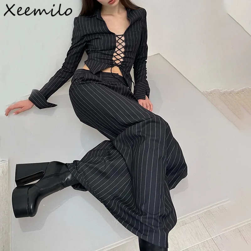 

Xeemilo Temperament Slim Stripe Print Women 2 Piece Set Sexy Cross Bandage Long Sleeve Shirts With High-waist Bodycon Long Skirt