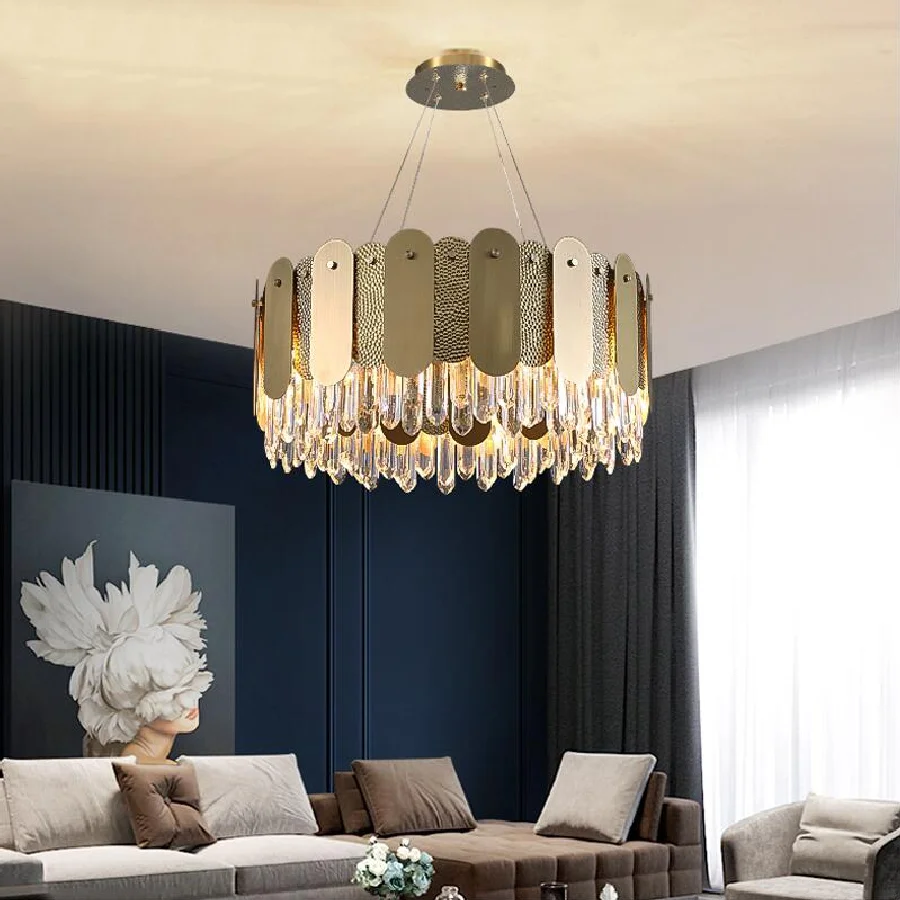 

Luster crystal chandelier stainless steel ring lamp LED living room lamp luxury villa crystal decorative lamps