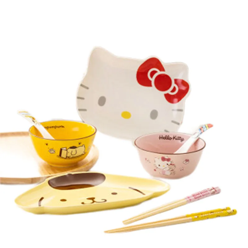 

Sanrio Hello Kitty Kuromi Cinnamorol Onpompurin Cute Set of Household Ceramic Bowls and Plates Kids Christmas Birthday Gifts