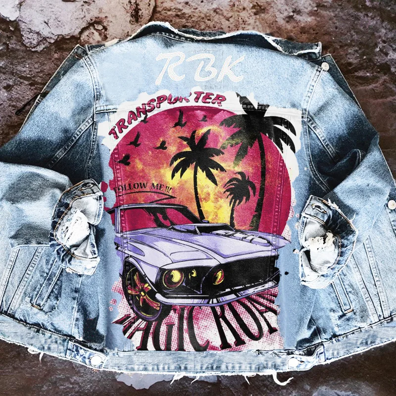 

Women's Spring and Autumn New Hot Sale Retro Motorcycle Jacket High Street Car Coconut Tree Pattern Print Denim Jacket