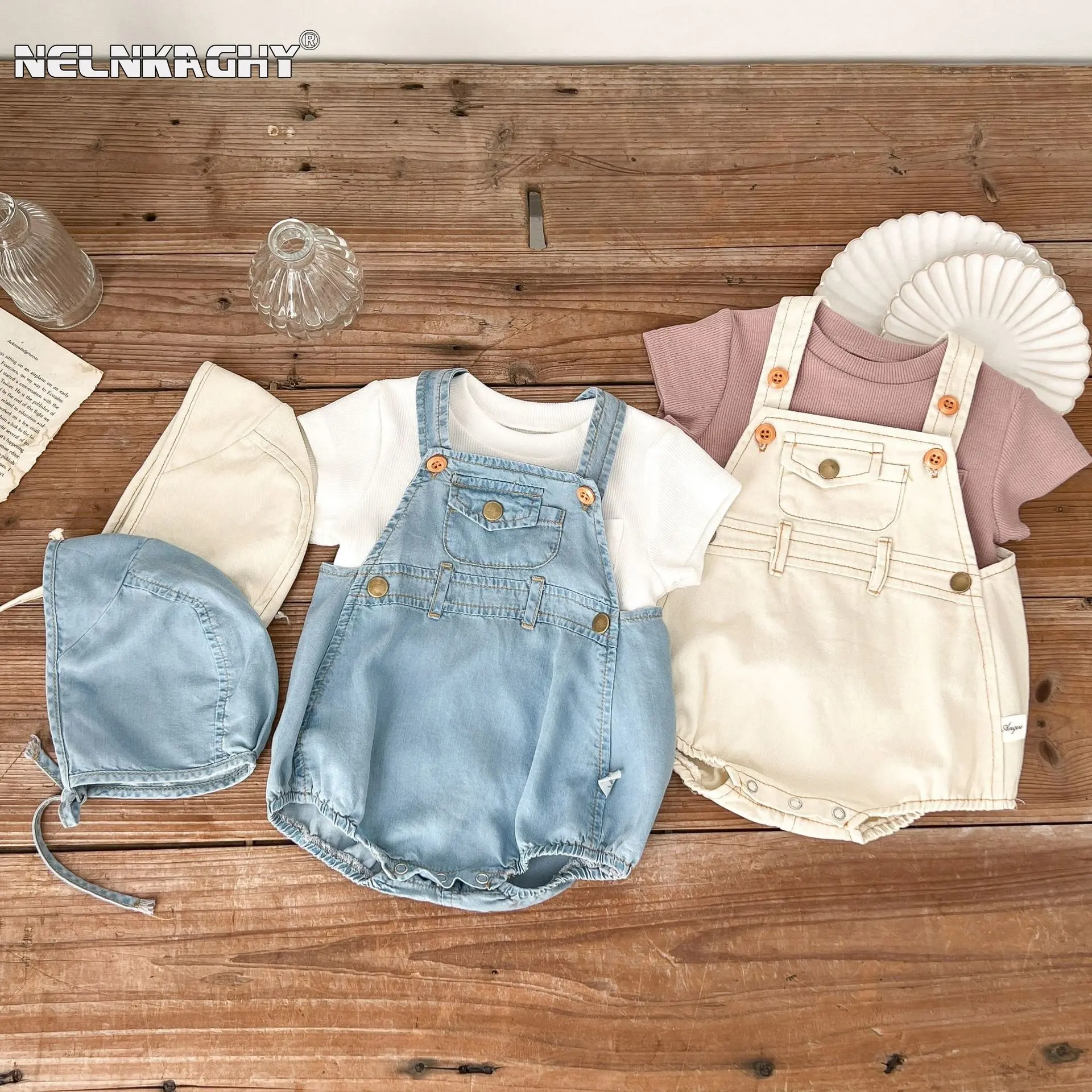 Summer Kids Baby Girls Boys Short Sleeve Solid Color Top T-shirts Denim Strap+hat Bodysuits Infant Newborn Cotton Clothing Set