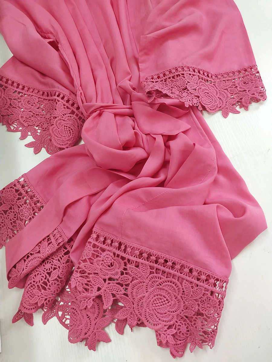 Bridesmaid Bride Robes Rayon Cotton Kimono Robes with Lace Robe Trim Women Wedding Bridal Robe Short Belt Burgundy