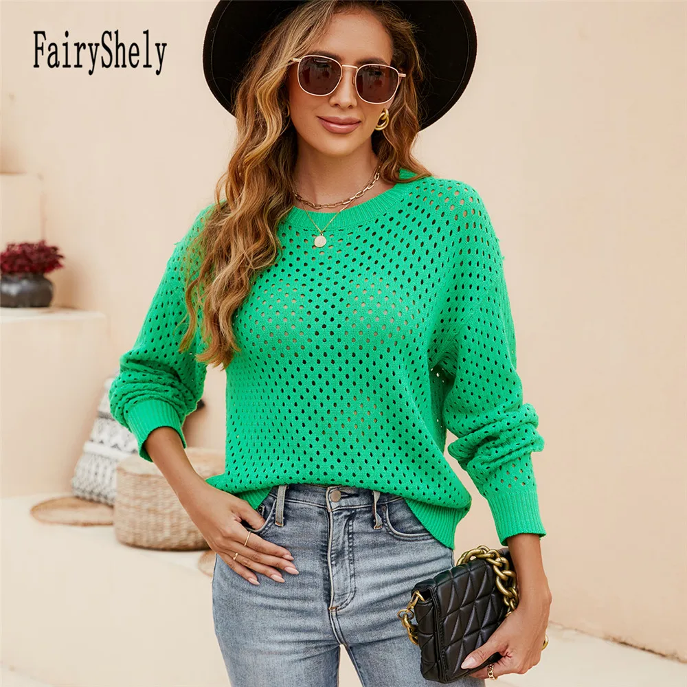 Fairyshely 2024 сексуальный однотонный вязаный свитер с вырезами для женщин пуловер