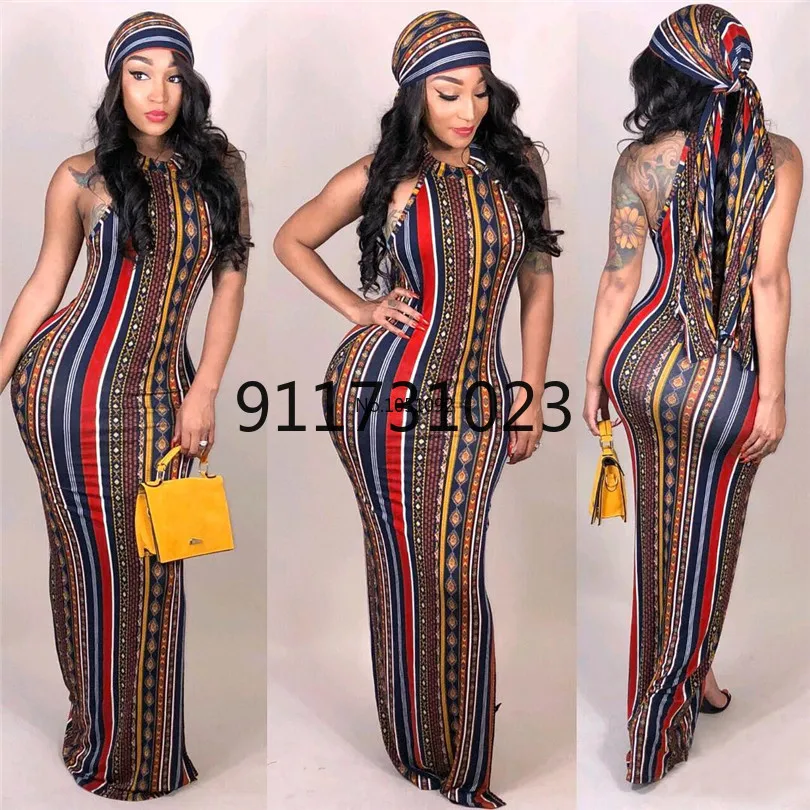 

for women in the new 2021 African suit and sexy stripes Bohemian print dress (including headscarf)