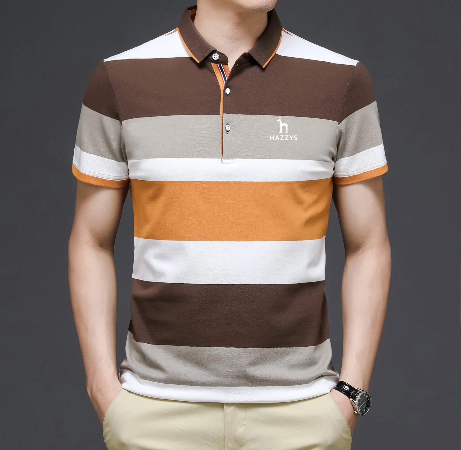 Embroidery logo high-quality brand men's polo T-shirt cotton stripe men's short sleeved top new comfortable men's clothing