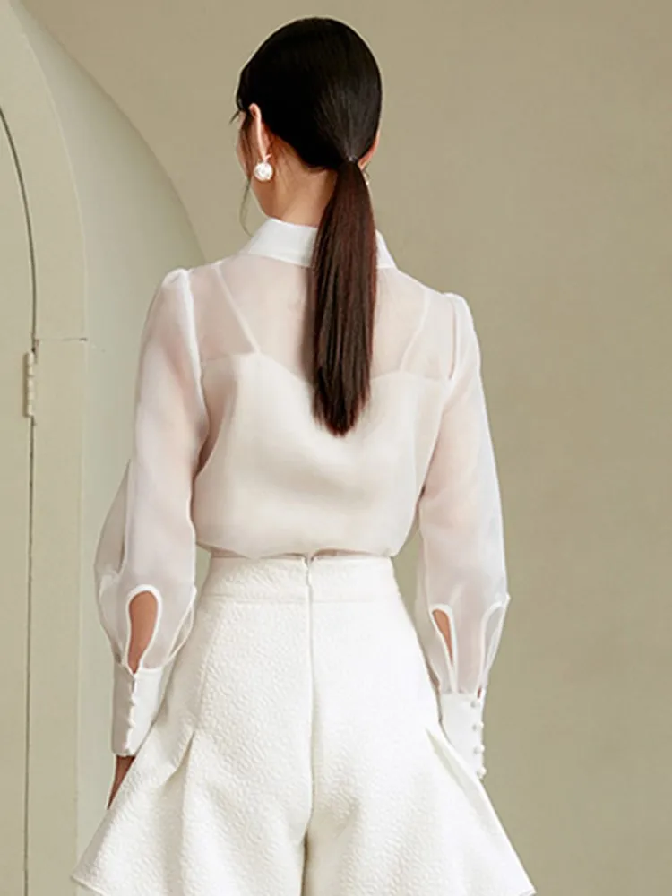 Женская однотонная однобортная блузка с длинным рукавом и отложным воротником