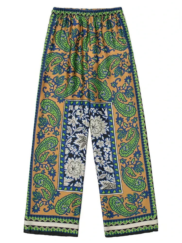 

Women Fashion Side Pockets Totem Print Wide Leg Pants Vintage High Elastic Waist With Drawstring Female Trousers Mujer