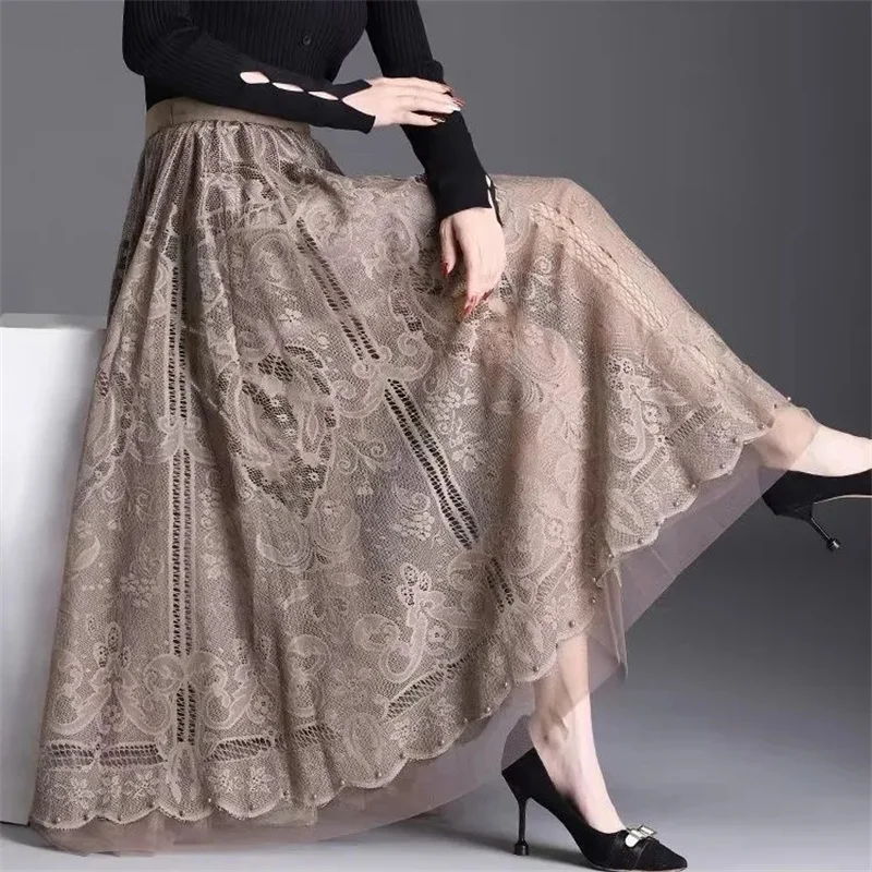 Lace Long Skirt Women 2023 Spring Summer Elastic High Waist A-Line Hollow Out Studded Long Skirt Female Elegant Lace Midi Skirt