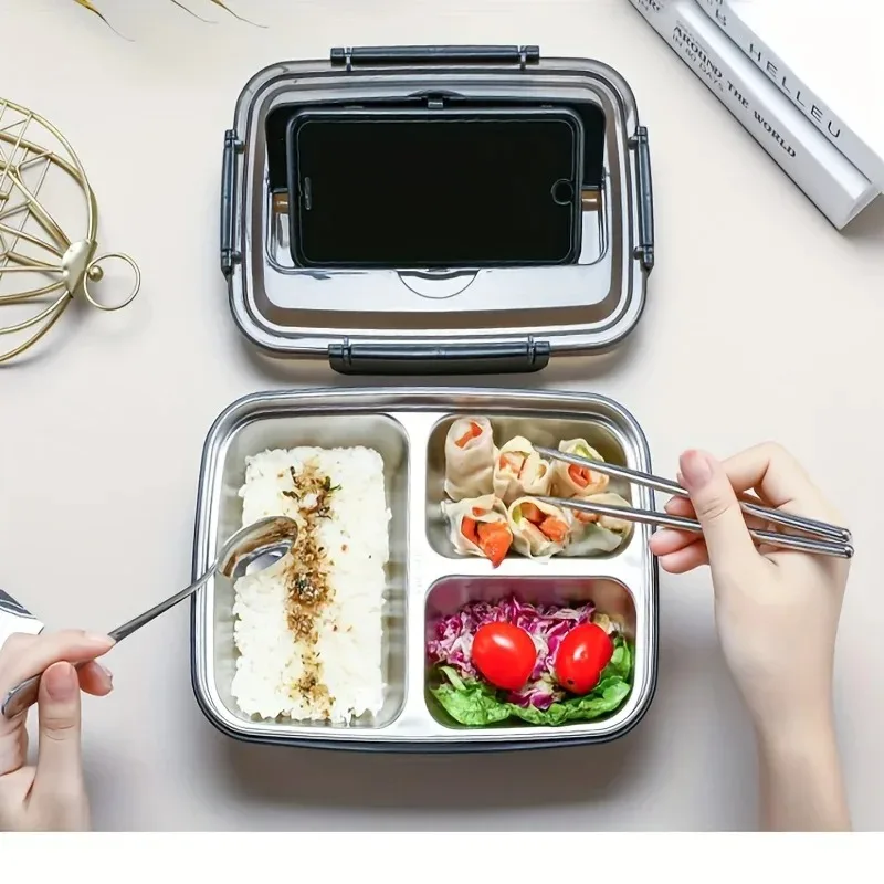 Фото Контейнер Bento, легко очищаемый для студентов и офисных работников, герметичный ланч-бокс из нержавеющей стали с 3 отделениями - прочный №2