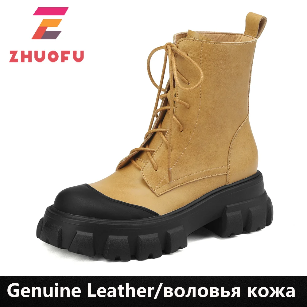 

ZHUOFU 2023 Новое поступление модные горячие продажи Ботильоны удобные с мехом женские зимние ботинки со шнуровкой натуральная кожа толстая подошва