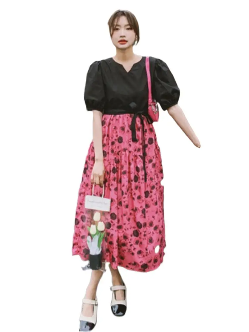 

Женское Хлопковое платье с цветочным принтом, Свободное длинное платье-трапеция в Корейском стиле, с V-образным вырезом, рукавами-фонариками и шнуровкой, уличная одежда на лето