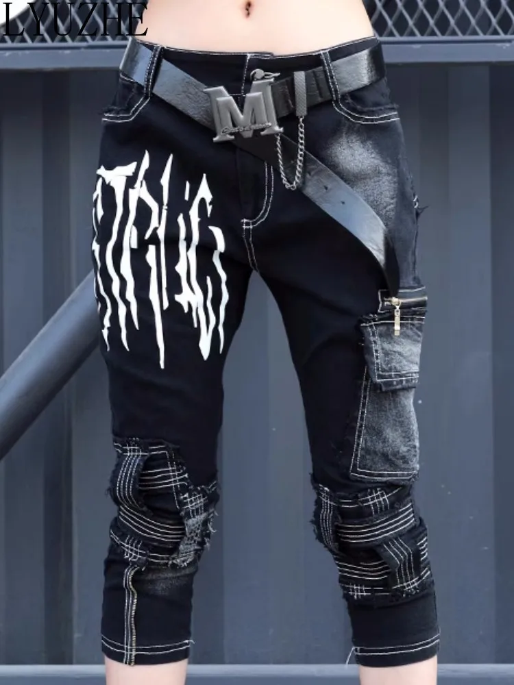 

LYUZHE Design Sense Denim Capris Women Jeans 2023 Summer New Personalized Pants Shorts Thin Dark Punk Pants Fashion ZXF169A