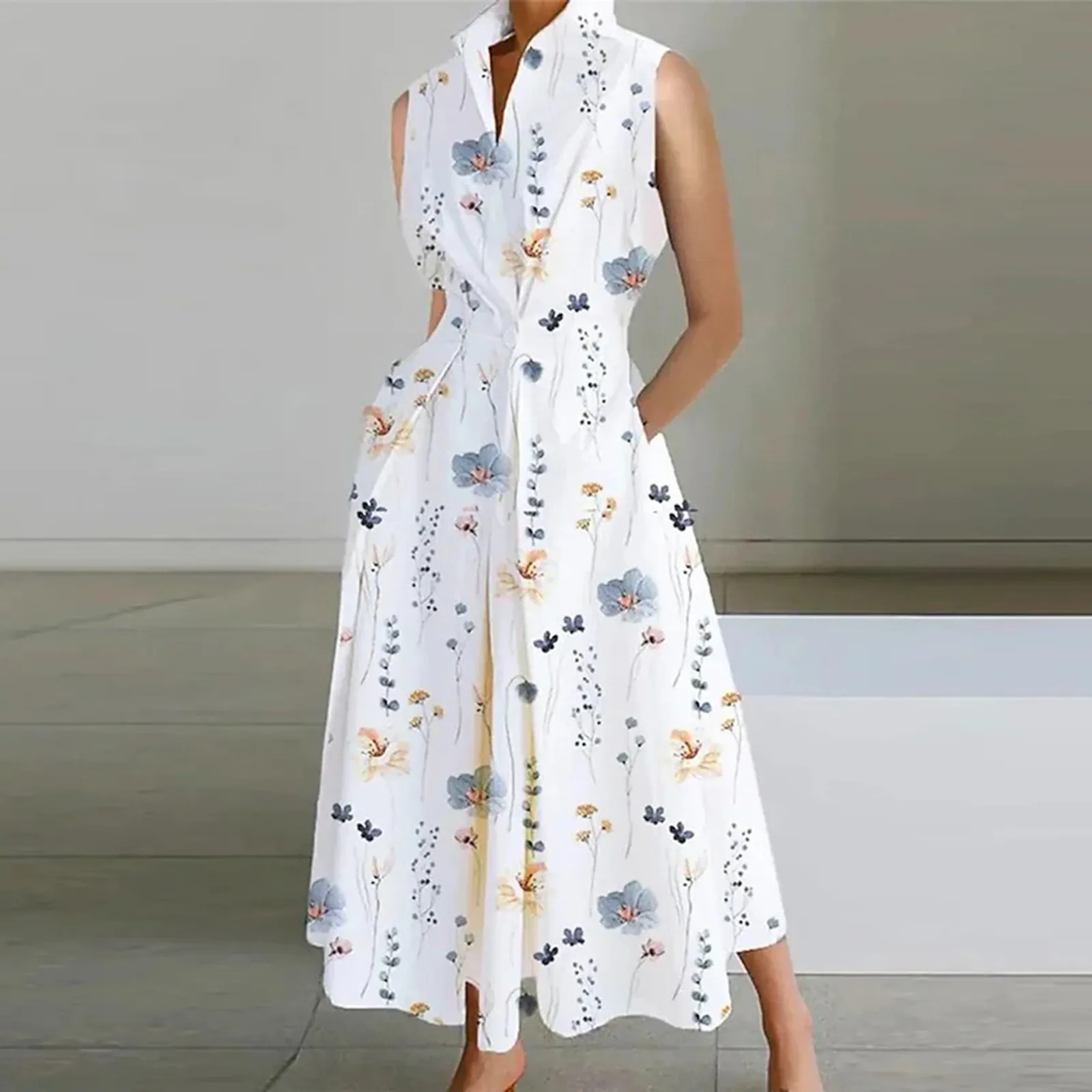 

Summer New Office Lady Fashion Dress For Women Wave Dot V Neck Sleeveless Pleated Casual Dresses Female Tunic A-line Long Dress