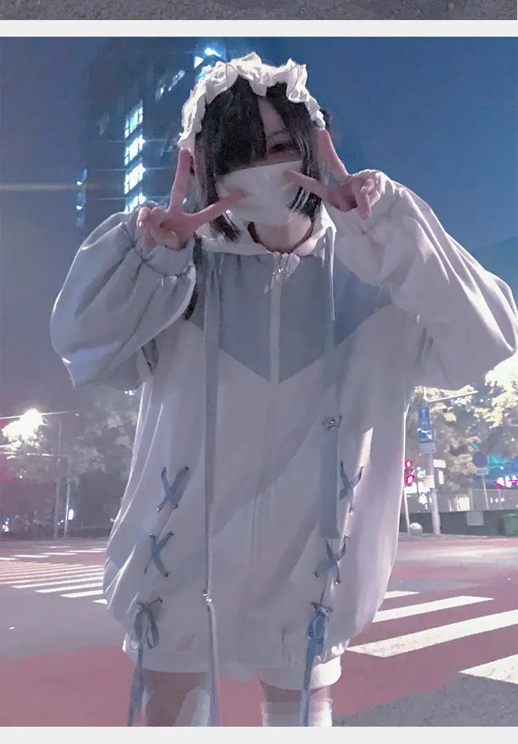 

Японское милое платье Y2K в стиле Харадзюку, милая Толстовка большого размера с капюшоном на молнии, Женская Повседневная модная Готическая толстовка, уличная одежда