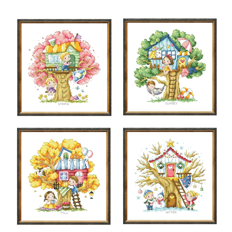Treehouse of 4 season cross stitch package spring summer 18ct 14ct 11ct cloth cotton thread embroidery DIY handmade needlework
