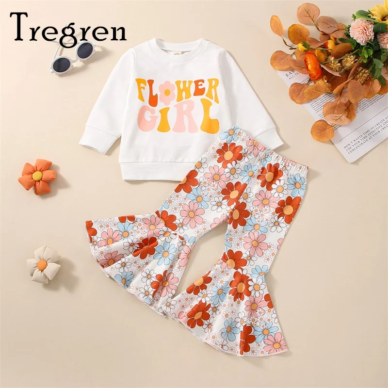 

Tregren Toddler Baby Girl Spring Autumn Clothes Set Kids Long Sleeve Letter Print Sweatshirt + Elastic Waist Flower Flare Pants